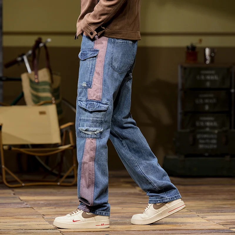 Outdoor stylish pocket men's jeans men's wide-leg work jeans Straight loose high street floor trousers men's clothing