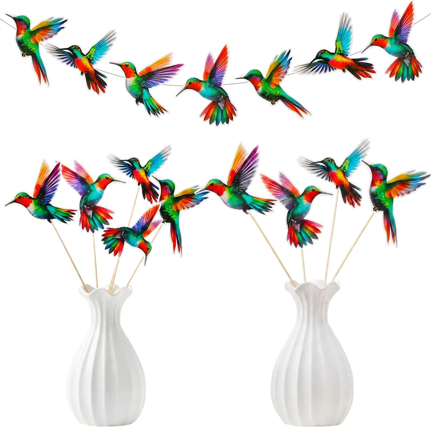 Hummingbird Party Centerpiece Stakes 16Pcs Double-Sided Bird Ornaments with Sticks & Glue for Garden Wedding Birthday