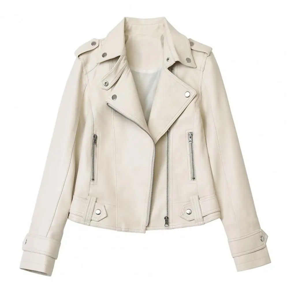 Winter Women Jacket Solid Color Turn-down Collar Zip-up Zipper Faux Leather Coat Rivet Decor Long Sleeves Motorcycle Outerwear