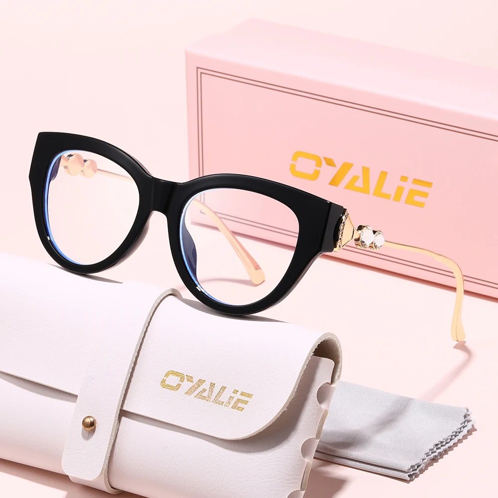 Oyalie マルチカラーのファッショナブルなキャットアイフレームメガネ、絶妙なラインストーンで装飾され、高級感を添え、さまざまな場面に適し、服装を補完します。