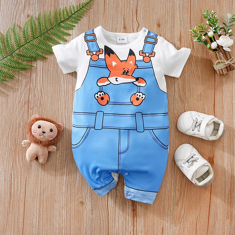 Baby Clothes Cute Cartoon Fox Fake Shoulder Strap Comfortable And Soft 0-18 Boys And Girls Summer Short Sleeved Baby Jumpsuit