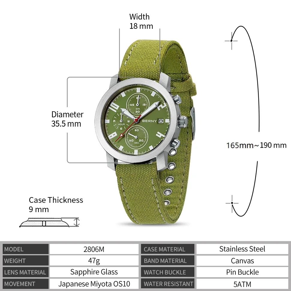 BERNY-Reloj de pulsera deportivo para hombre, cronógrafo multifunción, luminoso, verde, informal, zafiro, 5ATM