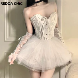 REDDACHiC Ribbon Boned Corset Mini Skirt Women Strapless Lace Trim Textured Hooked Tube Top Elastic Waist Puffy Tulle Tutu Gown