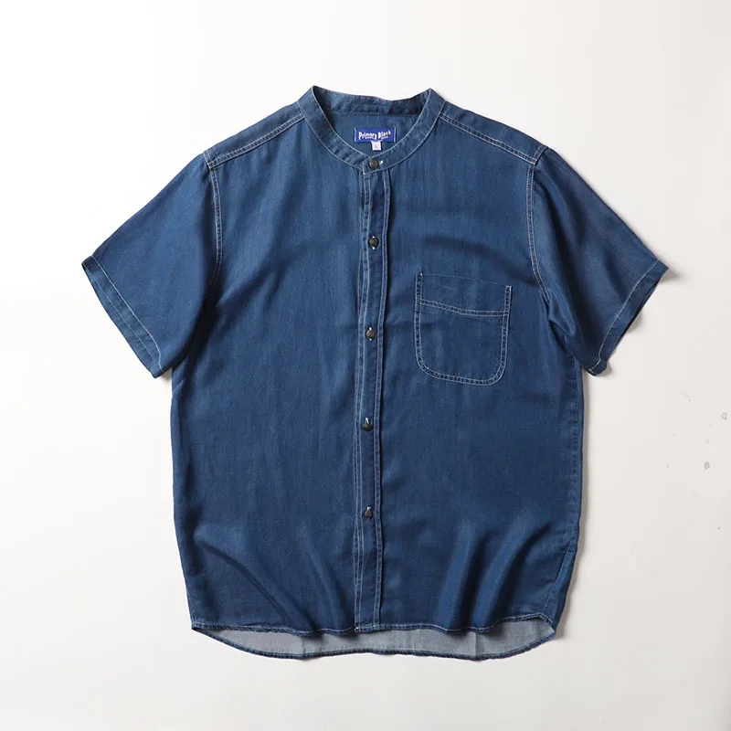 

Silky Thin Summer Mens irt Stand Collar Open Cardigan Breathable Lyocell Denim ort Sve Trendy Casual Loose Fit Pure Color