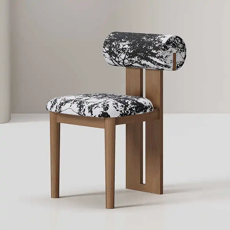 

European Vintage Dining Chair, Retro Solid Wood Stool, Cream Style Fabric Table Seat, Club Lounge Hotel Accent Bench