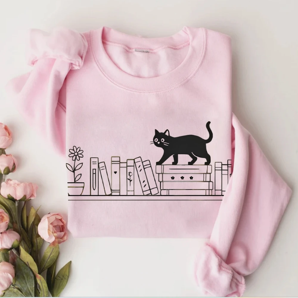 لطيف كتاب القط طباعة بلوزات مضحك الرسم نمط بسيط هوديي طويلة الأكمام القطن جولة الرقبة السيدات أعلى الملابس خمر