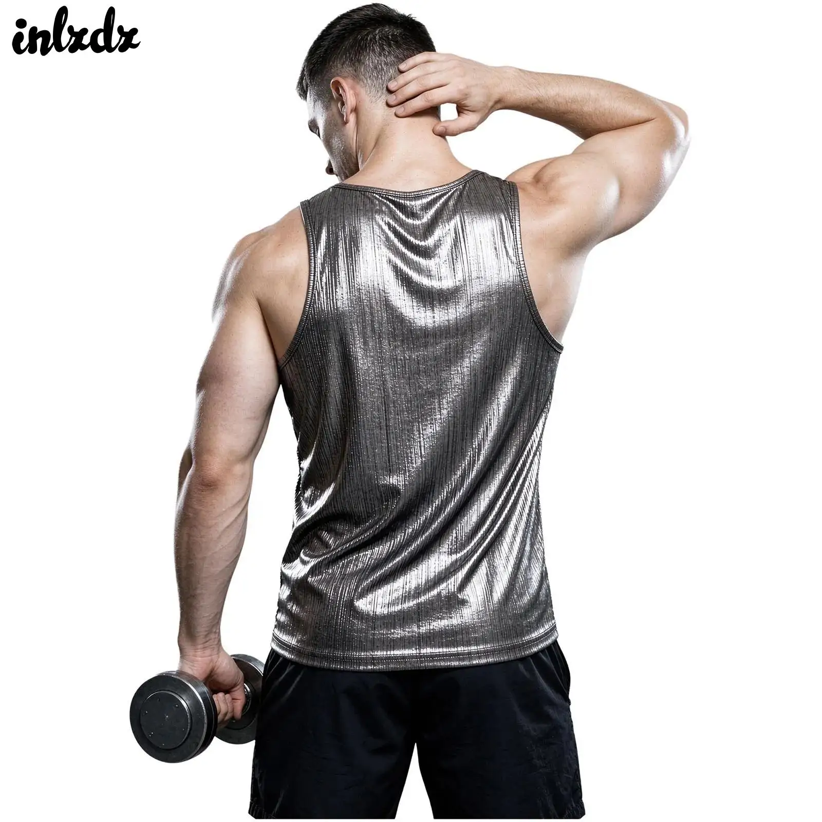 Mens Shiny Metallic Tank Top Half Zipper Sleeveless Vest Stretch Gym Workout Shirt Bodybuilding Gym Fitness Training Tank Tops