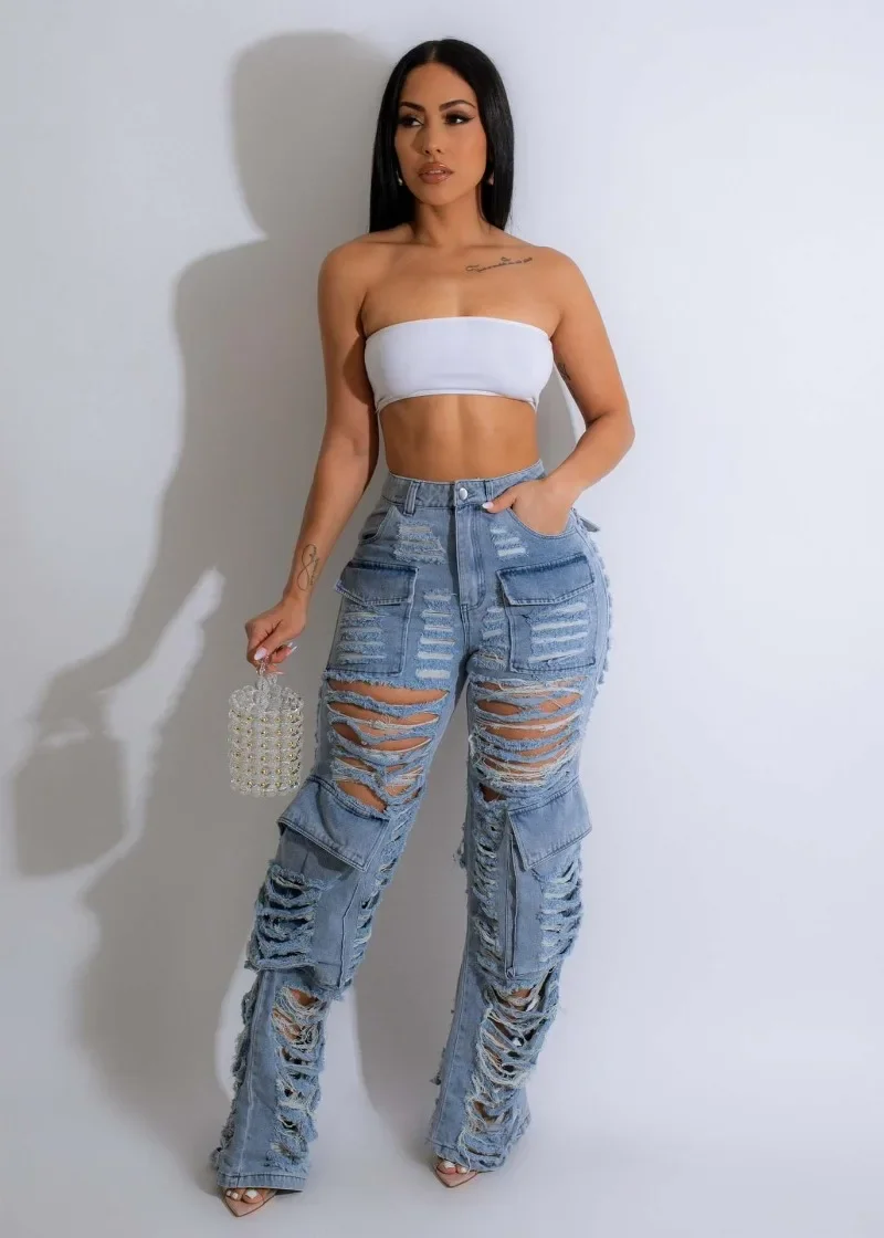 

KEXU Streetwear Ripped Out Tassel Hollow Out Cargo Straight Denim Pants Women 2024 INS Fashion Wide Leg Jeans Trousers