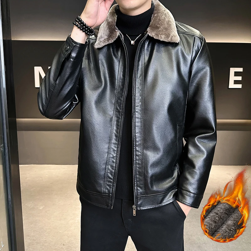 

Mens Plus Velvet Winter Warm Motorcycle Thickened Leather Coat Man Fleece Autumn PU Leather Coats Men Fur Collar Leather Jacket