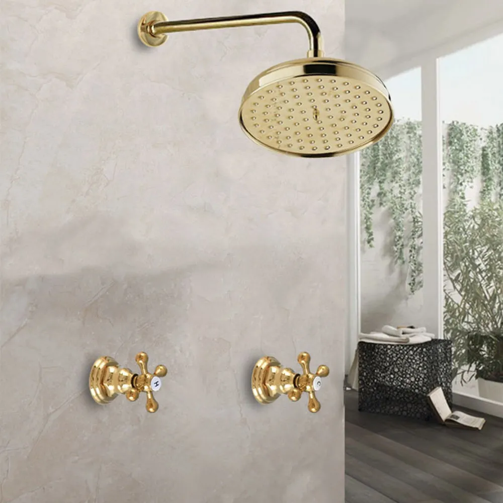 

Shower Faucet Sets 8 inch Gold Color Brass Round Rainfall Shower Head Wall Mounted Bathroom 2 Handles Shower Systerm Nbn213
