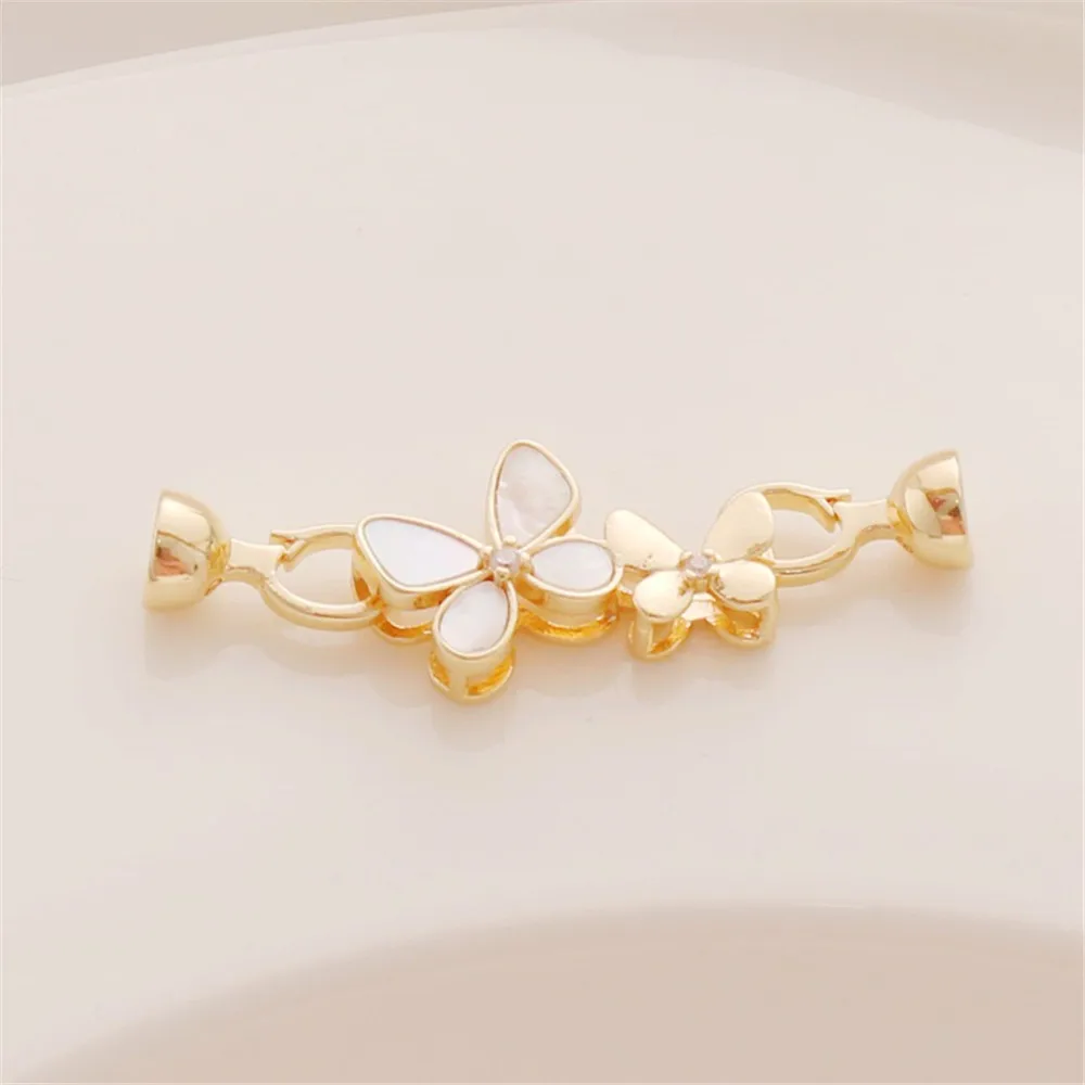 14K Gold Sticker Shell Butterfly Inlaid Zircon Double Head Buckle Necklace and Bracelet Connecting Buckle, DIY Ending Buckle