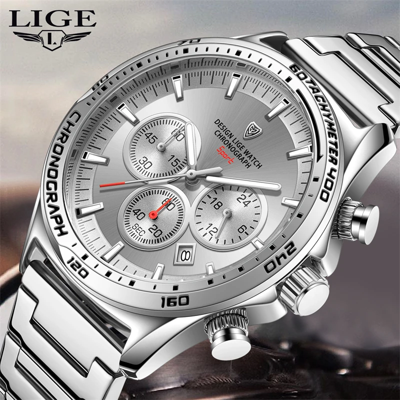 LIGE Mens Watch Sports Stainless Steel Quartz Watches Men Waterproof Chronograph Wristwatch Man Military Clock Relogio Masculino