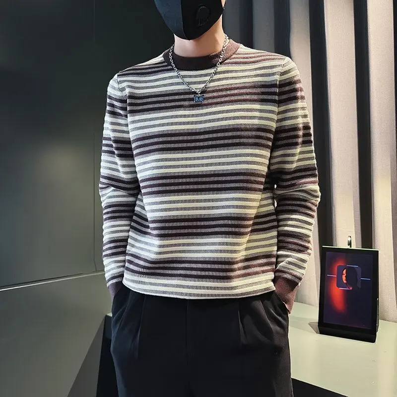 

Autumn Winter Striped Pullovers Knitted Contrasting Colors Men's Clothing Casual Round Neck Spliced Basic Long Sleeve Sweaters