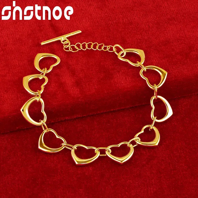 

SHSTONE 18K Gold Full Heart Chain Bracelets For Woman Fashion Party Wedding Engagement Charm Jewelry Christmas Lovers Gift