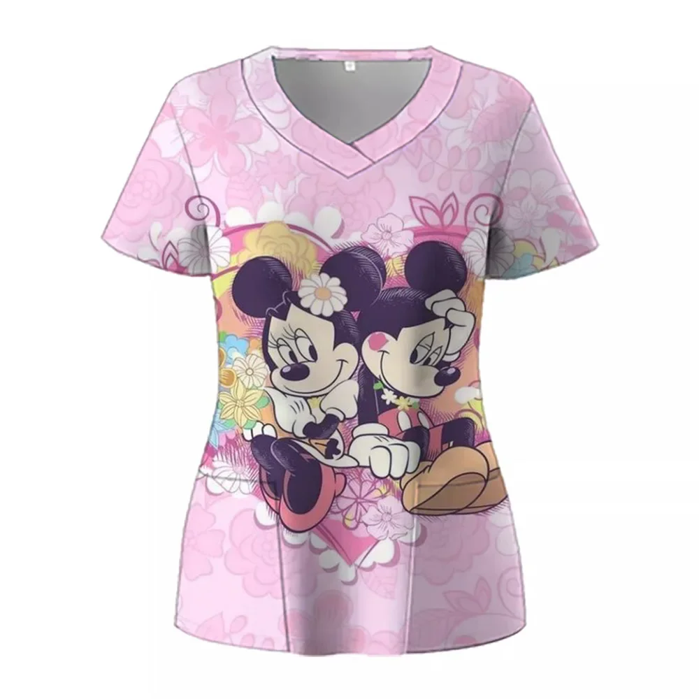T Shirts Minnie Mouse T-shirts V Neck Woman Clothes Hospital Tops Disney Top Women 2025 Nurse Uniform T-shirt Pocket Summer Tees