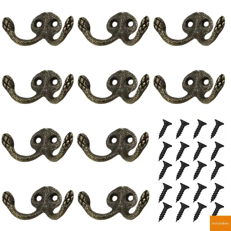 10 Units Alloy Coat Hook Bedroom Vintage Clothes Hanger Retro Room Door Wall Decoration Double Robe Hooks Brass Hook with Screws