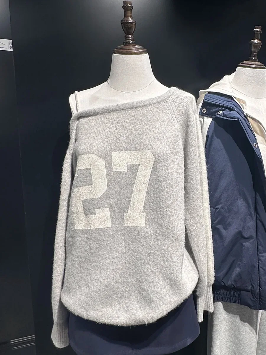 

27 Letter Print Strapless Sweater Women Autumn Slanted Collar Long Sleeve Jumpers Preppy Style Vintage Casual Knit Pullover Tops
