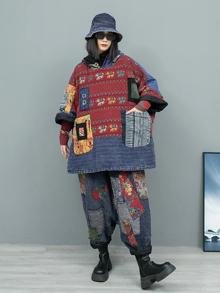 Vintage Printed Linen Patchwork Old Fabric Hooded Clip Cotton Thick Coat + Pant Two Piece Set Women Winter Pant Set LX2744