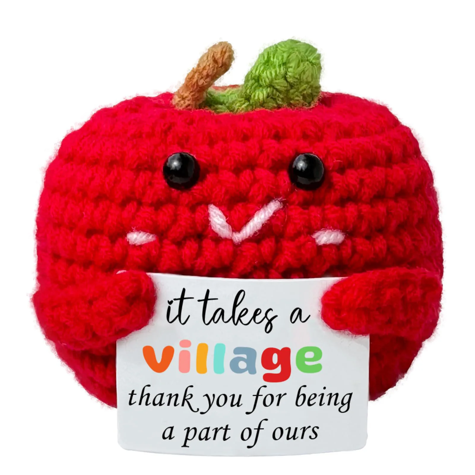 Muñeca de manzana con soporte emocional de ganchillo divertido, adorno de escritorio con tarjeta, muñeca de manzana de energía positiva tejida hecha a mano, regalo de Navidad