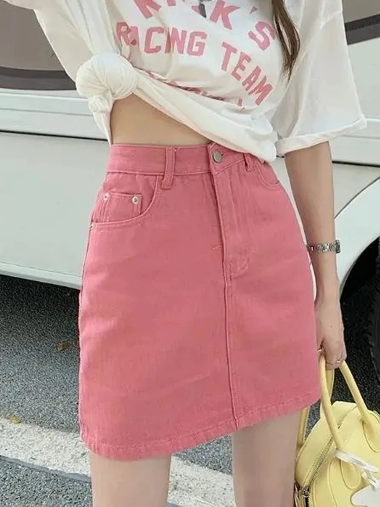 JMPRS Süße Rosa Frauen Denim Röcke Hohe Taille Student EINE Linie Koreanische Feste Mini Rock Kausalen Sommer Vintage Damen Jeans rock