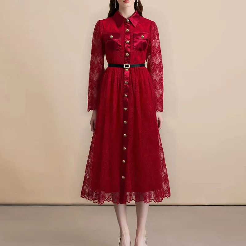 여성용 드레스 신상 긴 소매 턴다운 칼라 레이스 여성 드레스 우아한 슬림 레드 드레스 여성 여름 드레스 Q1954