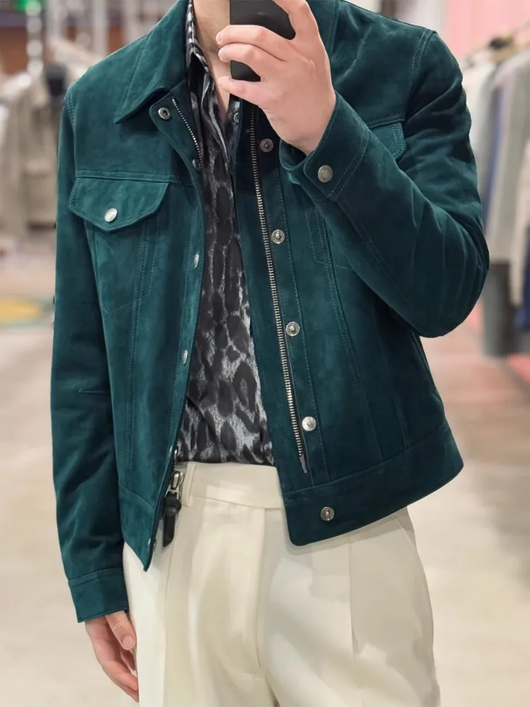 2025 Italian Style Luxury Genuine Suede Jackets Turndown Collar Zipper Slim Fit Fashion Natural Suede Leather Outerwear Coats