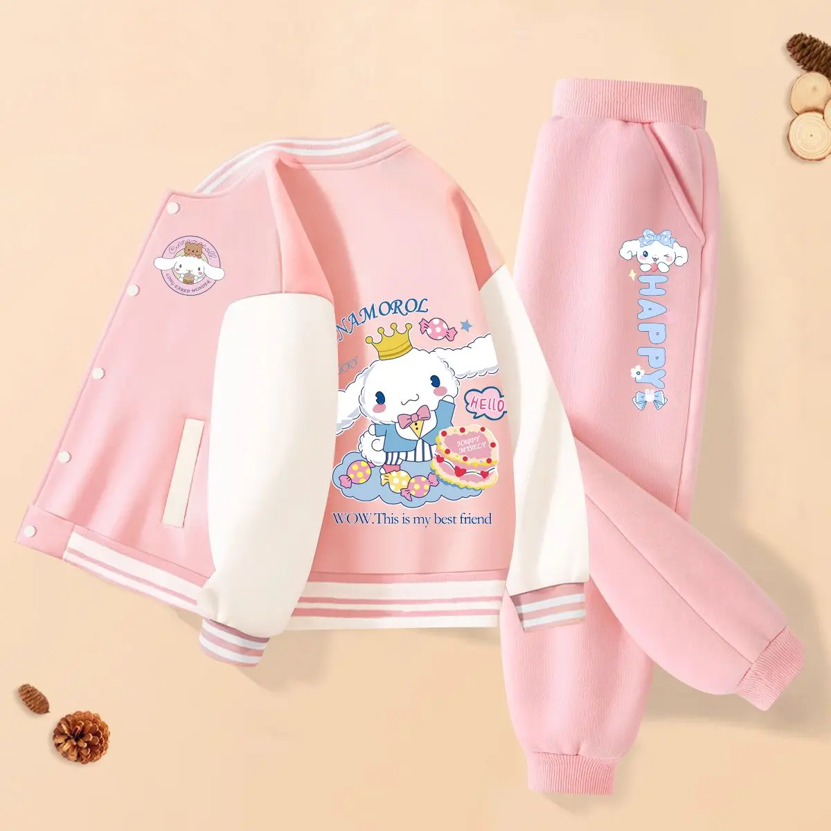 SANRIO Kuromi Cinnamoroll ชุดสองชิ้นเด็กผู้หญิง, 2024ใหม่ชุดเบสบอลกางเกงโมเดลเด็กผู้หญิง My Melody Cloth