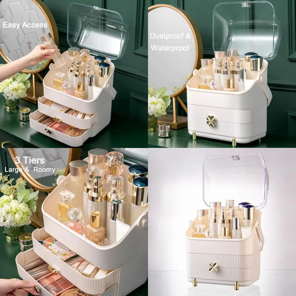 

3-Tier Portable Makeup Organizer with Dust-Resistant Cover, Ideal for Bathroom or Dresser in Ivory White
