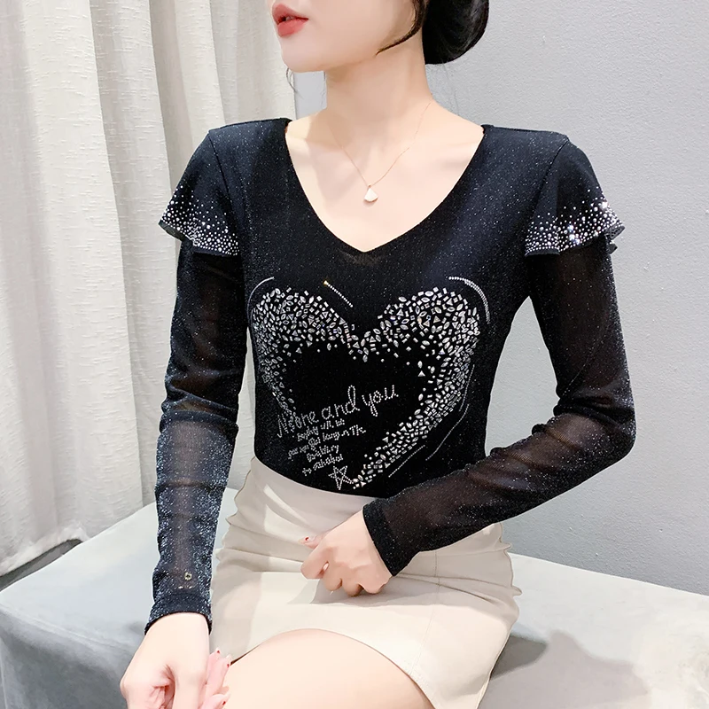 Black,Korean,Style,Fall,Winter,Mesh,T-shirt,Chic,Sexy,V-Neck,Spliced,Love,Diamonds,Women,Tops,Ruffles Sleeve,Tees,2024,New,41017