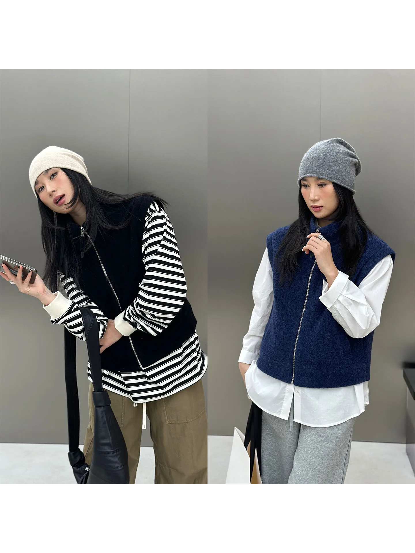 

Bodhl Vintage Faion Wool Camere Vest Svel Layering Outerwear Women's Straight Cut Long Zipper Closure Coat