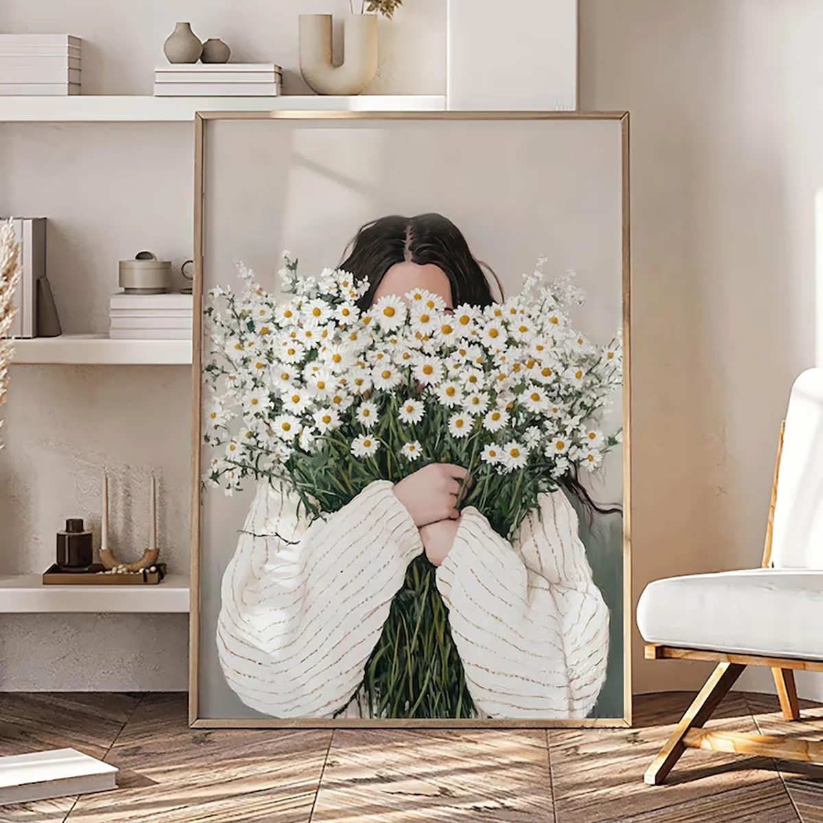 Green Abstract Figures Canvas Print with Flower Woman Minimalist Japandi Female Portrait Art Poster for Modern Living Room De