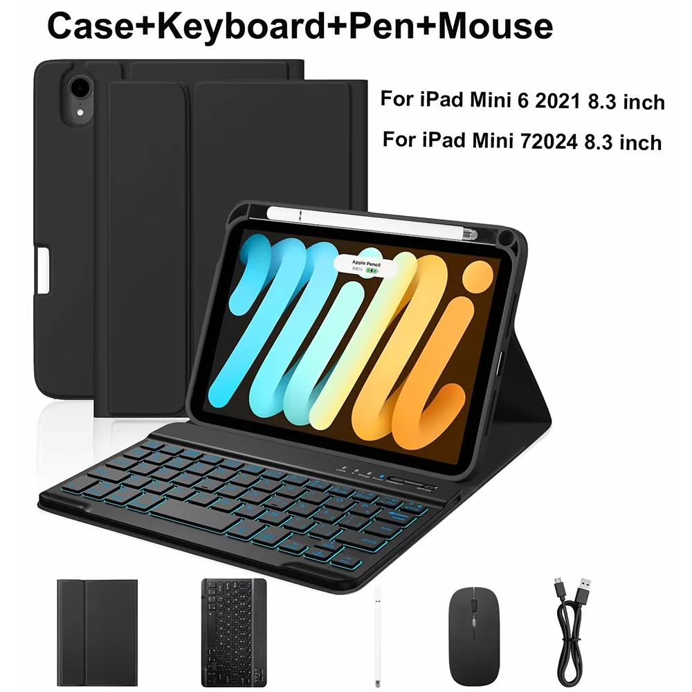 Case with Keyboard Mouse Pencil for iPad mini 2024 mini7 7th Gneration A17 Pro A2995 8.3-inch  Mini 2021 6th Mini6 A2568 Cover
