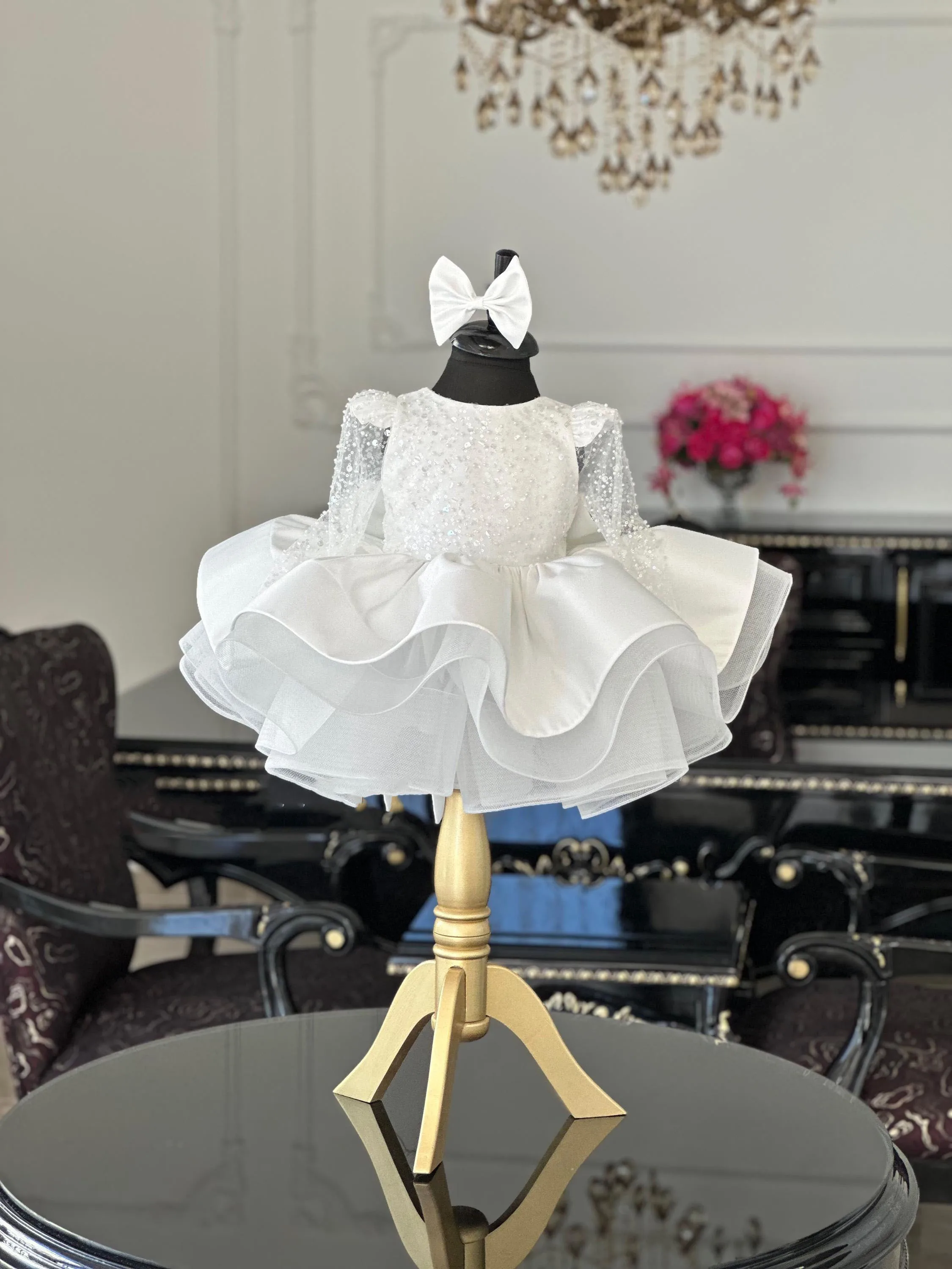 Abito da ragazza di fiore con paillettes bianco personalizzato per matrimonio Abito da ballo per prima comunione in tulle gonfio da principessa per bambini Festa di compleanno personalizzato