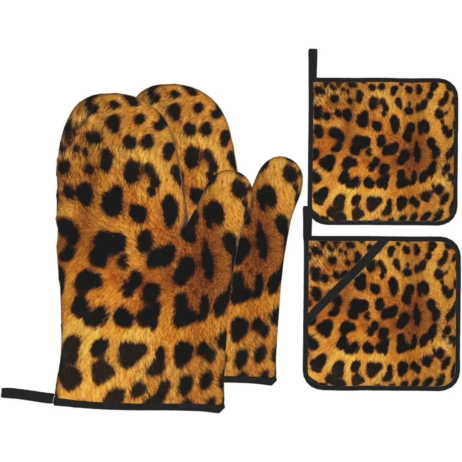 

Leopard Print 4 Piece Heat Resistant Oven Gloves and Handle Cover Kitchen Baking Accessories Suitable for Indoor and Outdoor