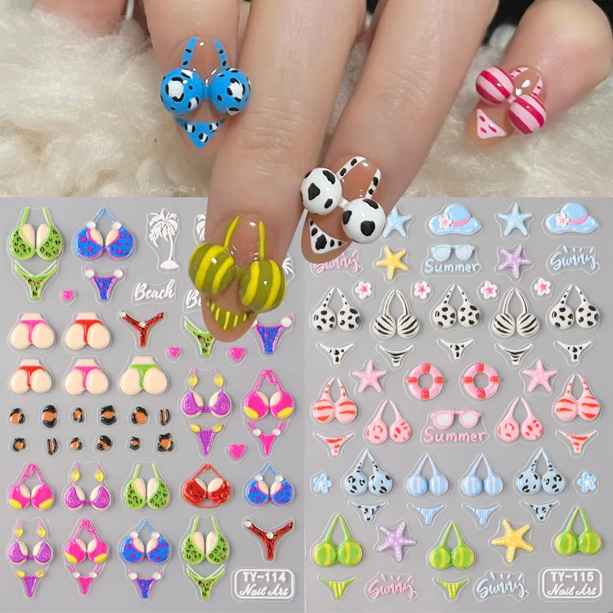 Sommer-Bikini-Muster Nagelkunst-Aufkleber Heißes Strand-Thema Selbstklebende Nagelsticker Seestern Kokosnussbaum Urlaub Slider