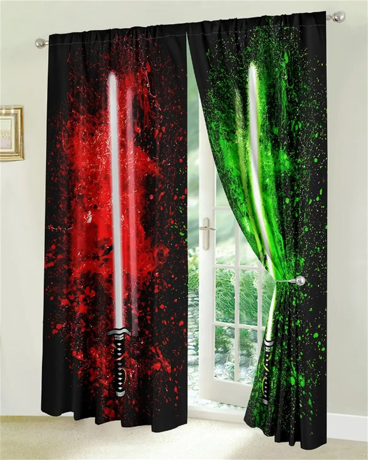 Fluorescent sword aurora cool neon 3D Light Filtering Drapes Window Curtain for Living Room Bedroom 2 Pieces Decor