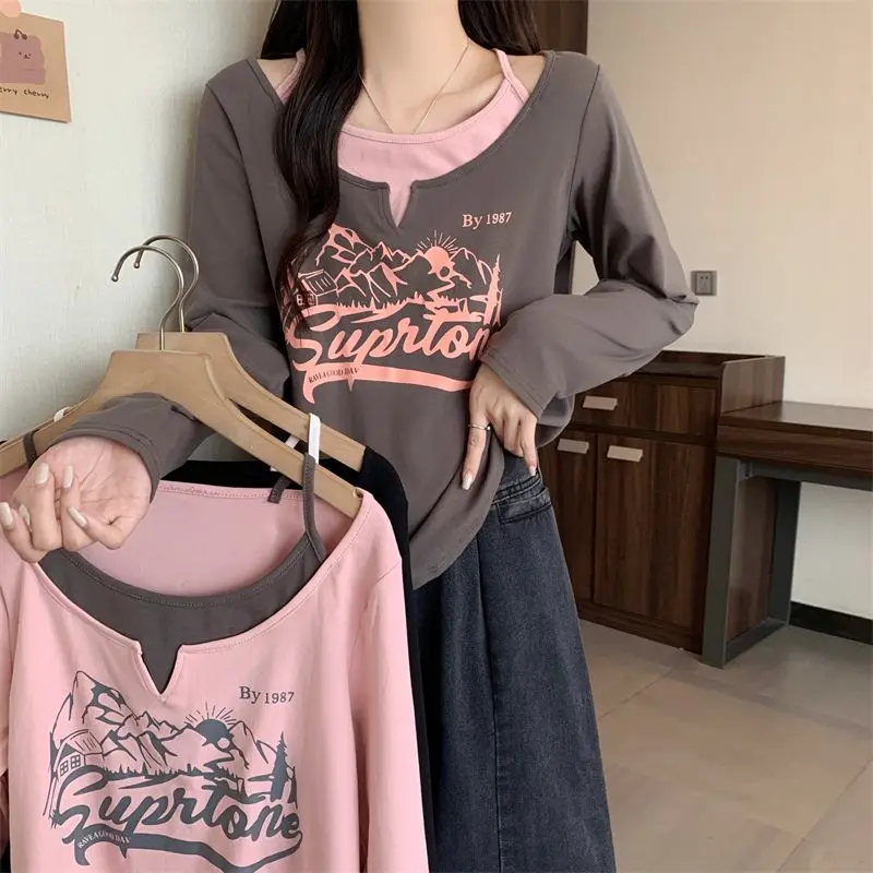 Fake Two Pieces Letter Printed T-shirt Spring Autumn Patchwork O-Neck Halter Basic Female Clothing Casual Long Sleeve Pullovers