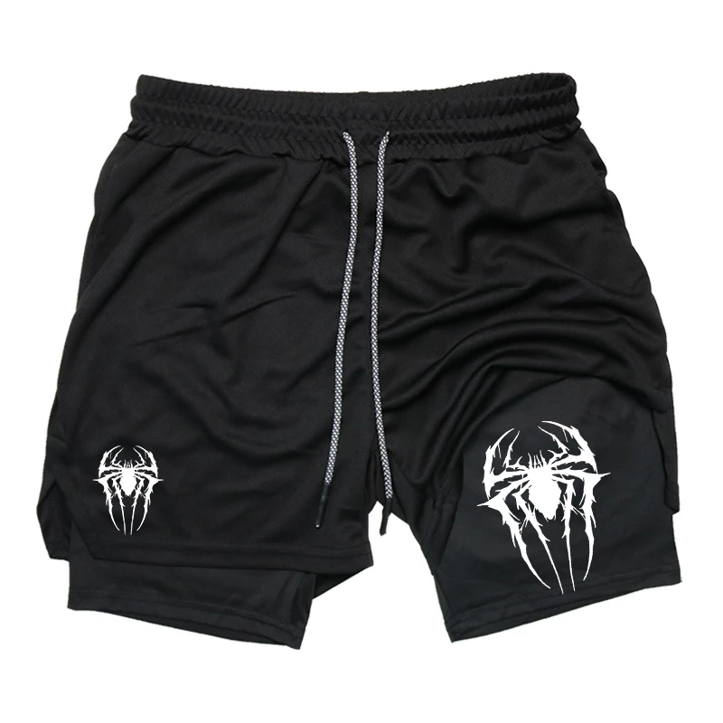 Spider Print 2 in 1 Performance Shorts for Men Gym Workout Running Shorts with Compression Liner Phone Pocket Towel Loop Summer