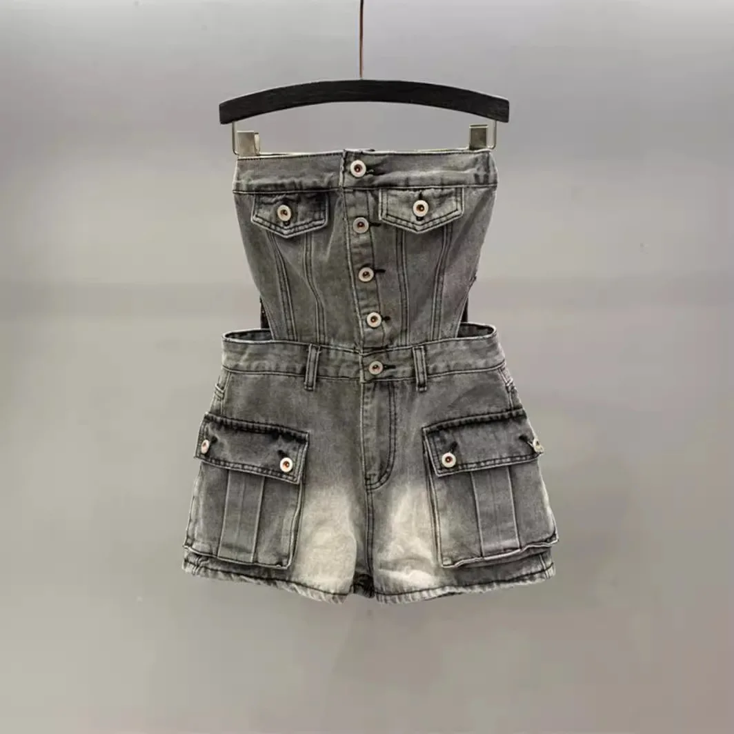 [zoci] Style Button Design Feeling Jumpsuit Denim Shorts New Fashionable Age Reducing Workwear