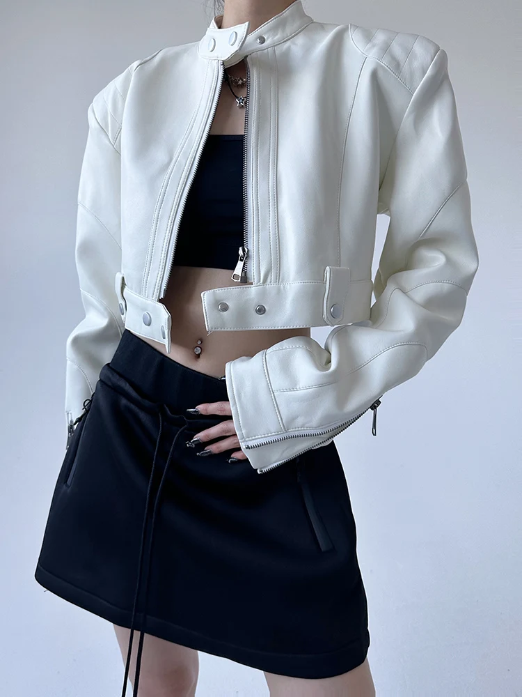 

ort PU Leather Jaet oulder Pads Motorcycle Sle Zipper Cuff American Hot Girl Jaet Faionable Autumn New Arrival