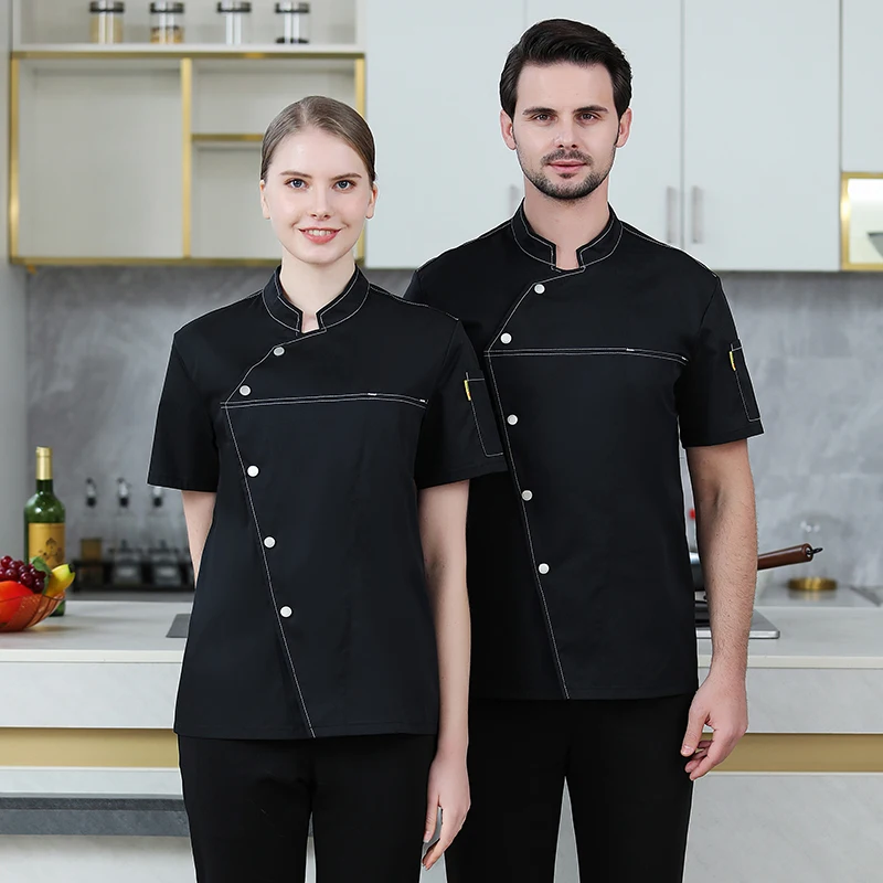 Veste de Chef noire à manches courtes, uniforme de Chef pour hommes et femmes, uniformes de cuisine de Restaurant, chemises, manteau de cuisinier d'été, vêtements de serveur