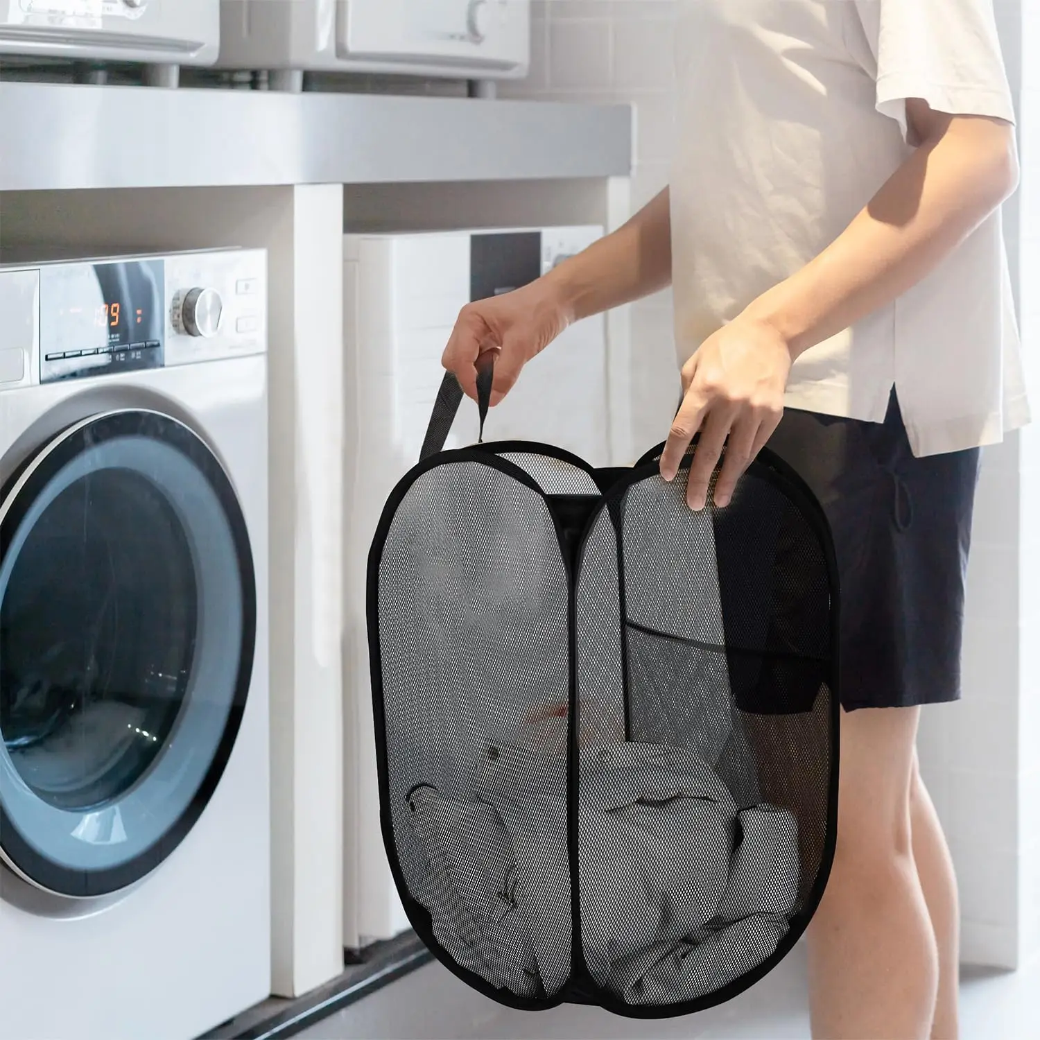 2 قطعة سلة غسيل شبكية منبثقة، سلة غسيل بمقبض متين، قابلة للطي وقذرة، للسفر، مناسبة لغسل وتخزين الغسيل