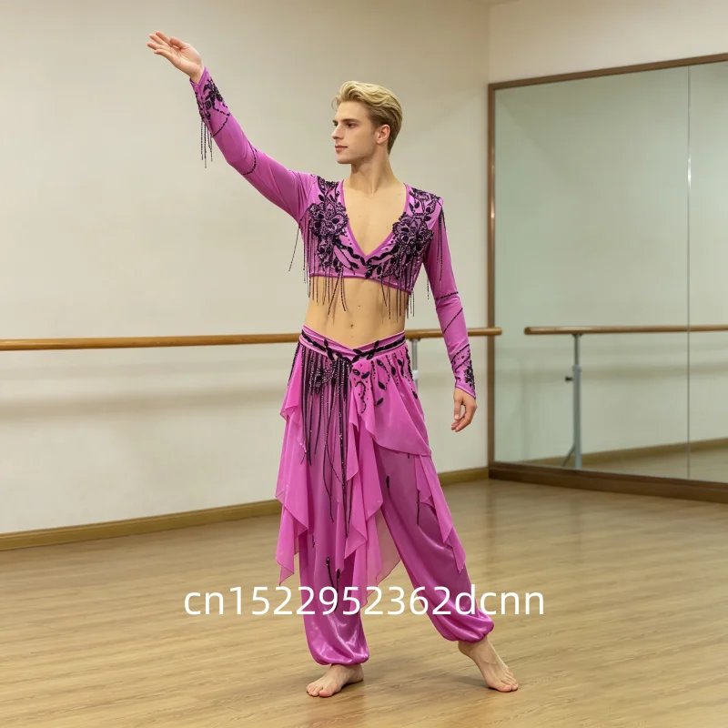 Belly Dance Clothing New Practice Clothes Men's Culottes Suit Oriental Dance Performance Clothes Men's Competition Clothes