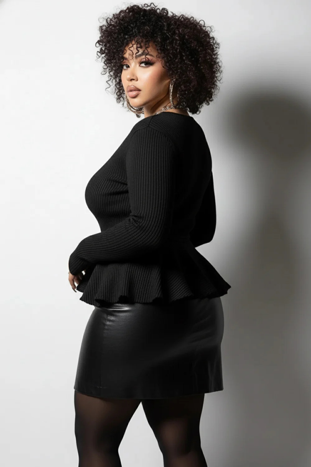 Plus Size Daily Black V Neck Long Sleeve Ruffle Casual Sweaters