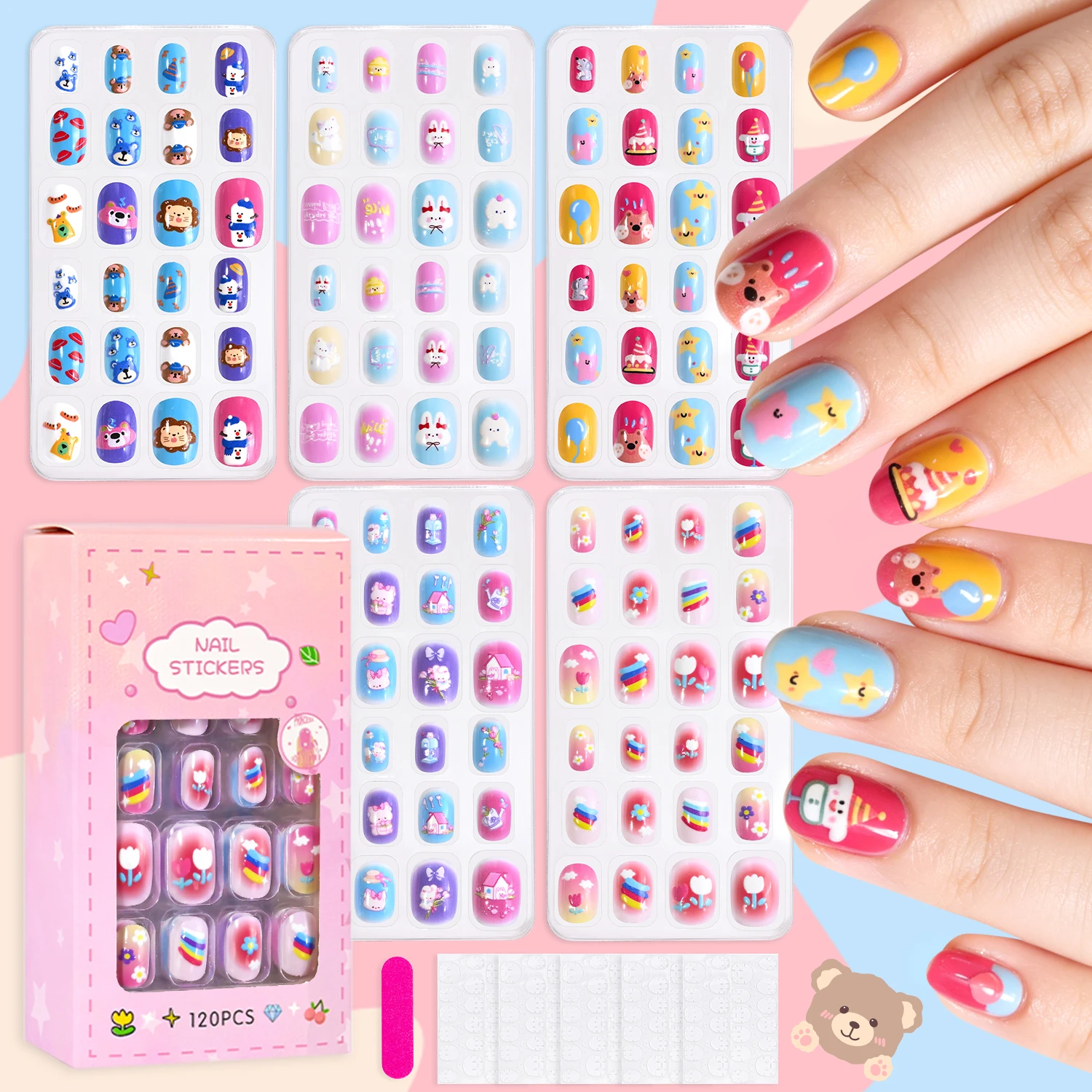 

120 pcs/set Cute Cartoon Children's Press on Nails Rainbow/Flower/Star/Rabbit Animal Short Full Cover Fake Nails For Children