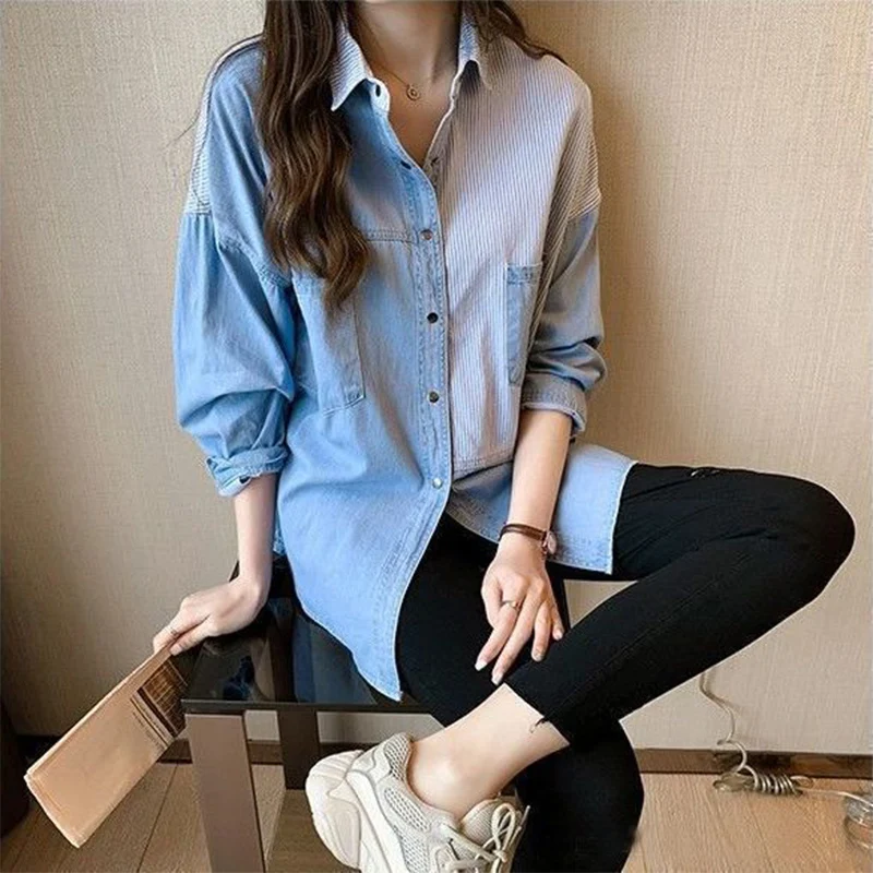 Spring Autumn Casual Fashion Striped Patchwork Denim Shirt Lady Long Sleeve Loose All-match Button Up Blouse Top Women Cardigan