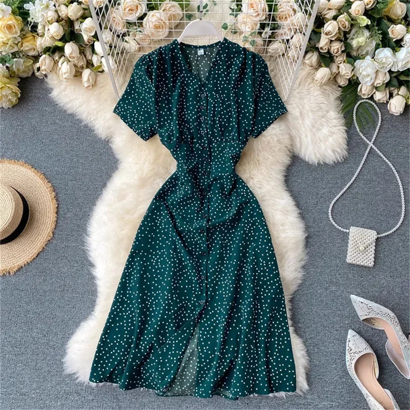2025 French Sweet Floral Dress Women V Neck Puff Sleeve Single-Breasted Dress Summer Bohemian Print A-line Midi Dress