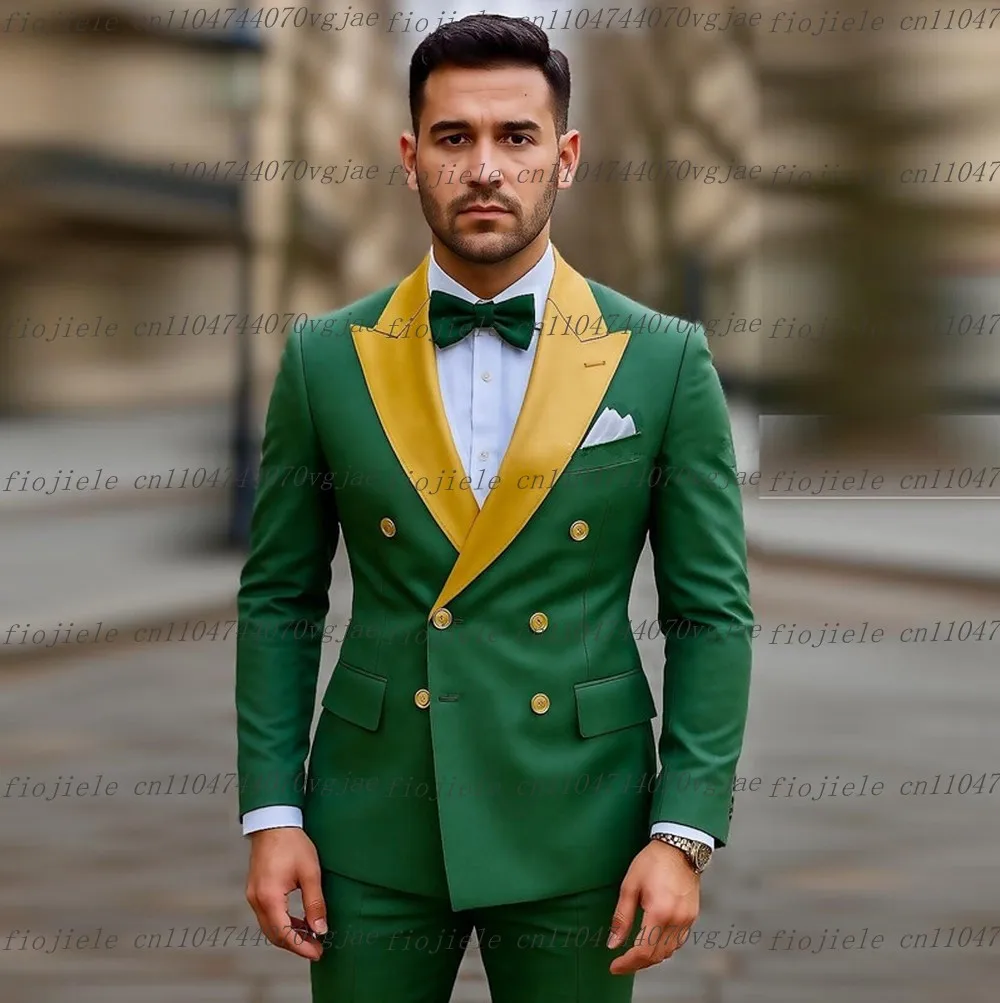 

New Gold Collar And Green Men Suit Formal Wedding Party Groom Groomsman Business Prom Male Tuxedos 2 Piece Set Jacket Pants