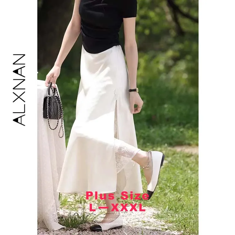 ALXNAN Plus Size Black Skirt Elegant Lace Patchwork A-line Satin Women Midi Skirt Summer Casual Fashion Ladies Clothing D10733