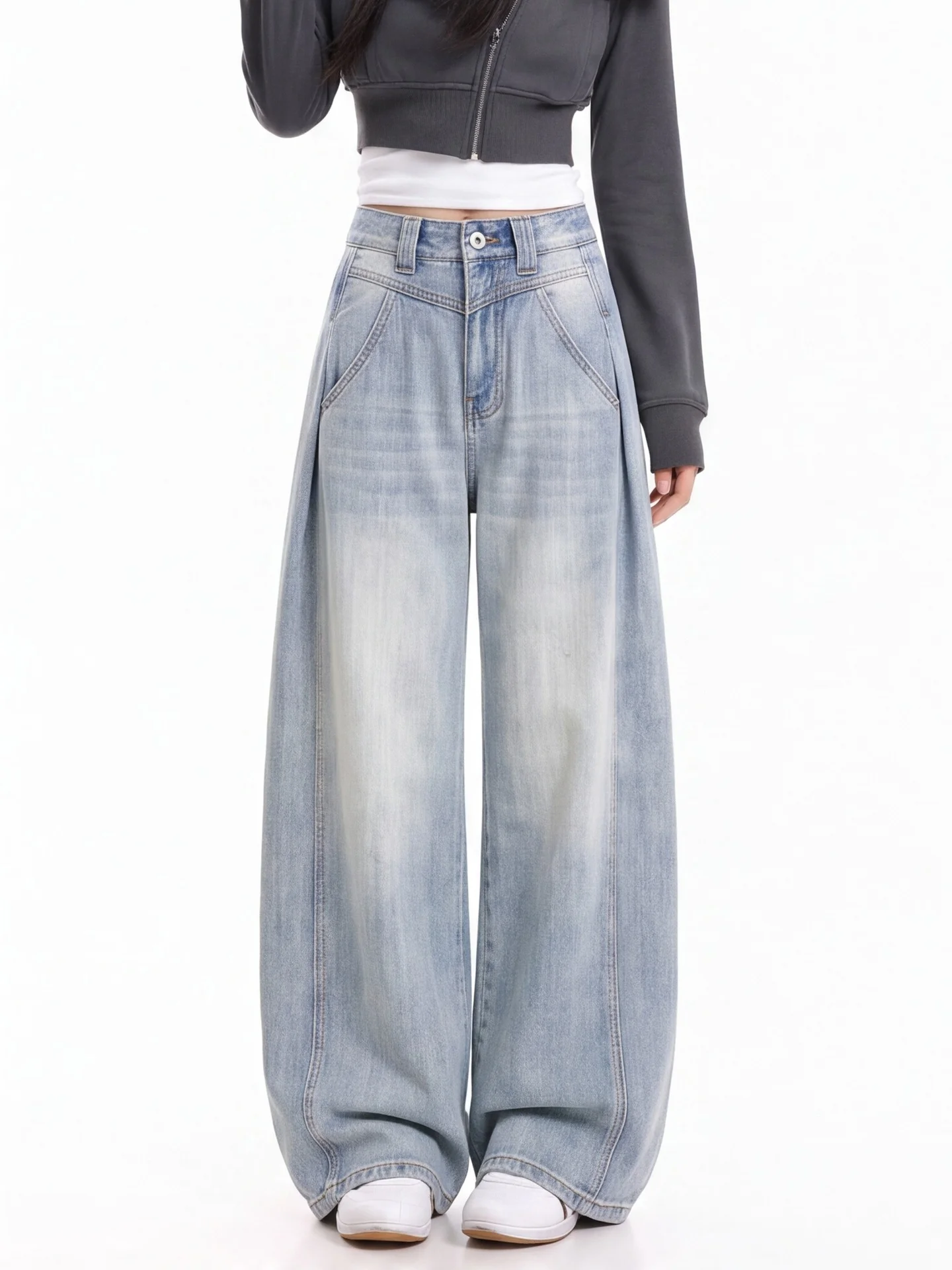Women's Wide Leg Jeans Ant Design Casual Washed V Waist Draping Slimming Floor-Length Denim Pants Comfortable Breathable
